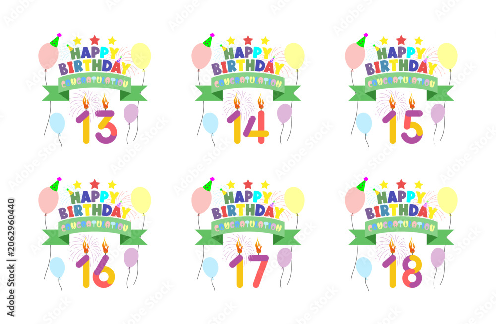 Fototapeta premium These vibrant birthday graphics feature cheerful designs for ages thirteen to eighteen with festive elements. Colorful birthday celebration graphics for ages thirteen to eighteen