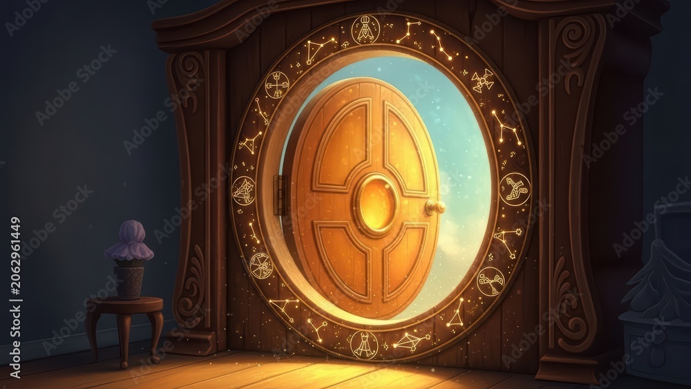 Fototapeta premium Round wooden portal framed by star constellations opening to sky.