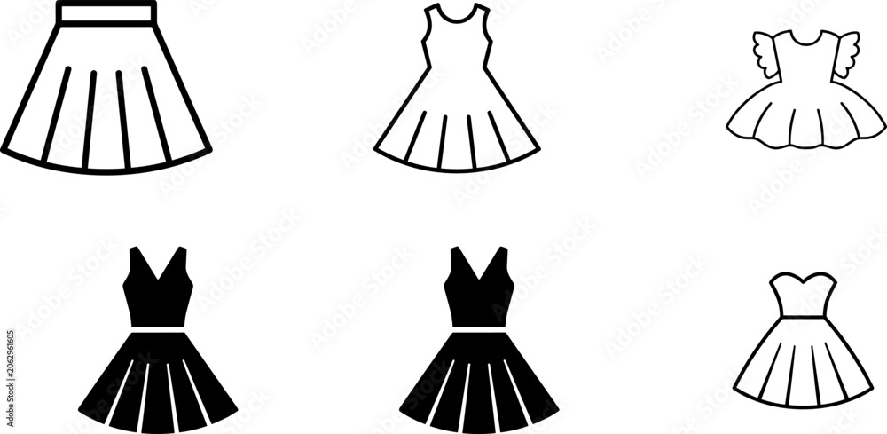 Fototapeta premium Collection of various women's fashion dress and skirt icons in both outline and solid black vector style design elements.