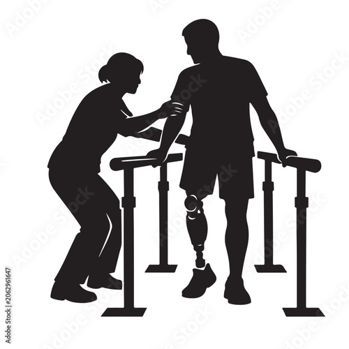 Physical Therapist Assisting Man with Prosthetic Leg Using Parallel Bars For Rehabilitation Concepts