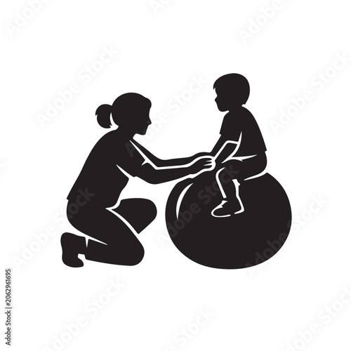 Woman Helping Young Child Sit On Exercise Ball For Fitness Healthcare Concepts