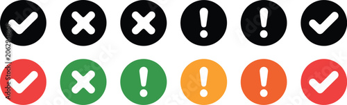 Check mark icon set, modern UI symbols including right wrong checkbox icons green validation tick red failure cross and notification info alert elements.