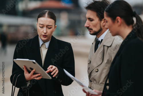 Three business professionals examine a tablet and printed documents during an outdoor meeting. Colleagues discuss information and review reports together in a street-side work discussion.