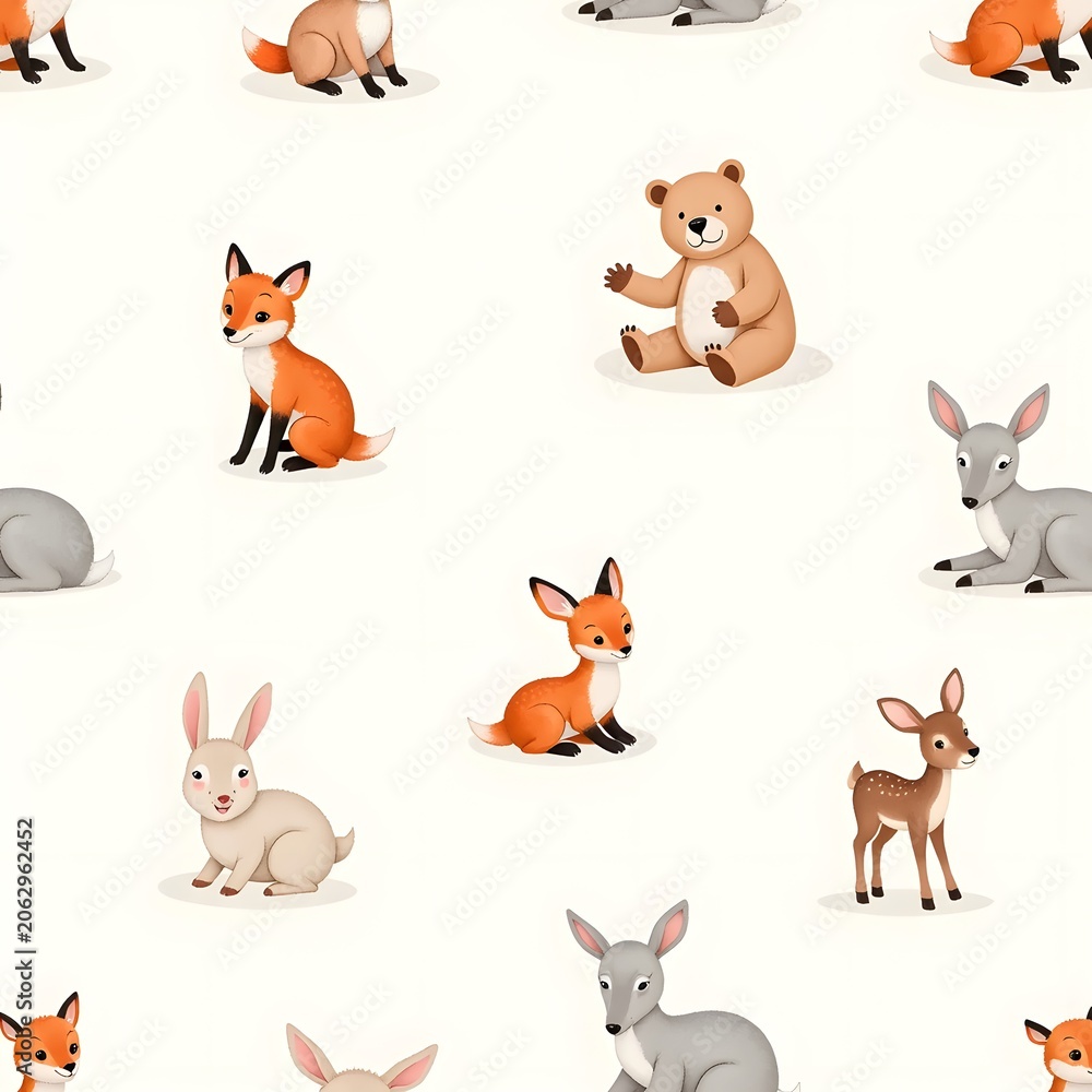 Naklejka premium Cute forest animals play together in a cheerful pattern design