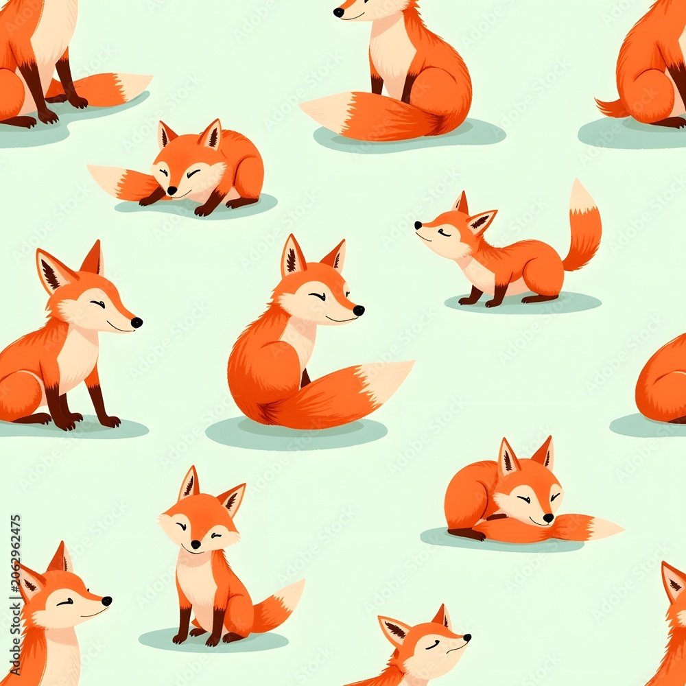 Naklejka premium Cute foxes sitting and resting in a soft pastel background pattern