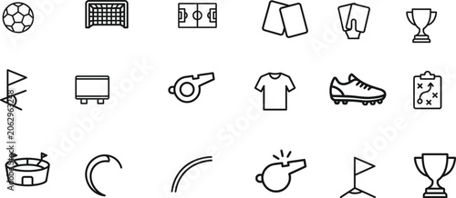 Schilderij op canvas Football and Soccer Icon Set - Outline Vector Graphics for Sports, Tournament, a