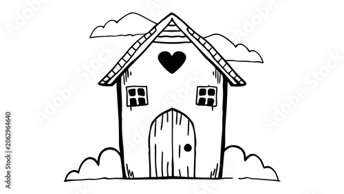 Hand drawn small house with heart symbol and fluffy clouds in sketch style.