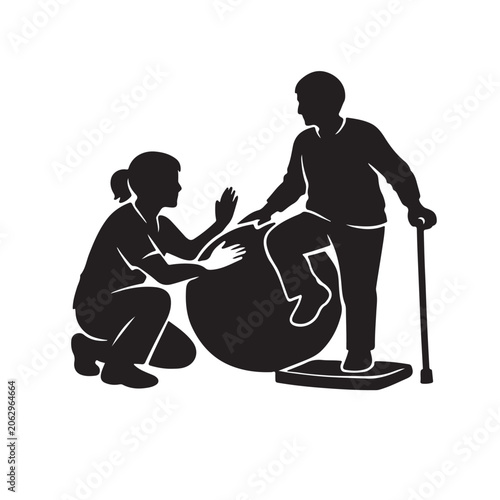 Physiotherapist Helping Patient Recover On Exercise Ball For Rehabilitation Concepts