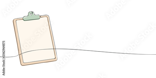 Blank clipboard with empty sheet area and clip holder in continuous one line drawing style, isolated on a light background. Checklist, document template, office paperwork and planning concept.