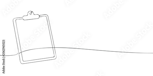 Blank clipboard with empty writing area and top clip, illustrated in continuous line drawing style, on a light background. Checklist, document template, note taking and office organization concept.