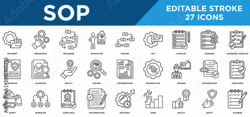 Sop line icons set with document, preparation, procedure, instruction, process, sop, checklist, standard, and guideline concepts. Editable stroke vector collection.