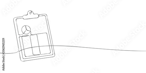 Clipboard with pie chart and bar graph report illustrated in continuous one line drawing style. Business analytics, data reporting, statistics and performance tracking concept.