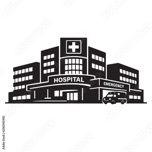 Black and white a hospital building with emergency entrance and ambulance for medical concepts