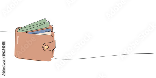 Leather wallet with bank cards and paper money illustrated in continuous one line drawing style, isolated on a light background. Personal finance, payment, savings and money management concept.