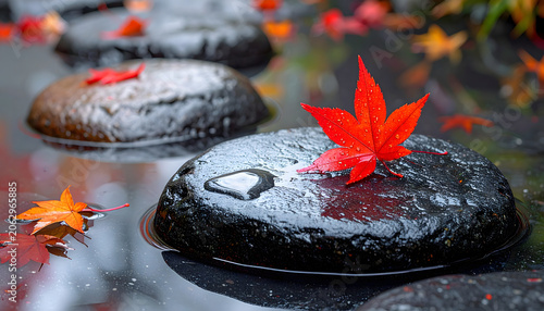 Vibrant red Japanese maple leaf lying on wet stepping stone in zen garden
