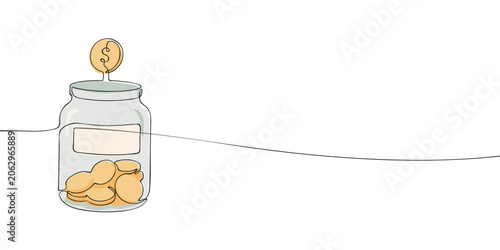 Glass savings jar filled with coins and a dollar coin above the lid illustrated in continuous one line drawing style. Personal savings, financial planning and money accumulation concept.