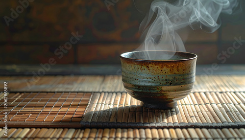 Steaming hot green tea in rustic wabi sabi ceramic cup on bamboo mat