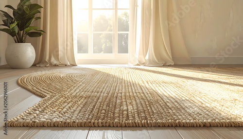 High angle view of textured natural jute carpet on modern living room floor