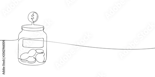 Glass jar with stacked coins and dollar symbol coin drawn in continuous one line style on a light background. Saving money, budgeting, financial security and investment concept.