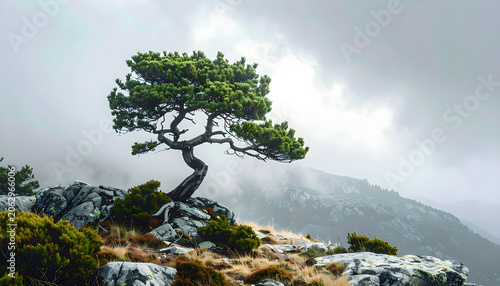 Lone twisted juniper tree growing among red rocks under blue sky