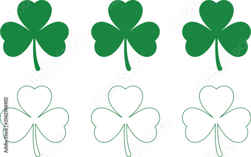 Clover leaves, vector set, green shamrock leaf symbols for lucky charm St. Patrick’s Day decoration and nature themed design elements.
