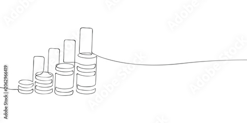 Increasing stacks of coins with ascending columns representing savings growth and investment performance. Continuous one line drawing illustration with copy space for financial themes.