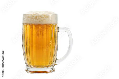 A clear glass beer mug filled with golden lager, featuring a thick white foam head, isolated on a plain white background, for menu display