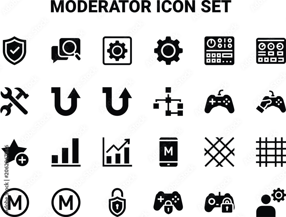 Fototapeta premium Comprehensive moderator interface toolkit containing essential administrative symbols for professional community management and online platform supervision
