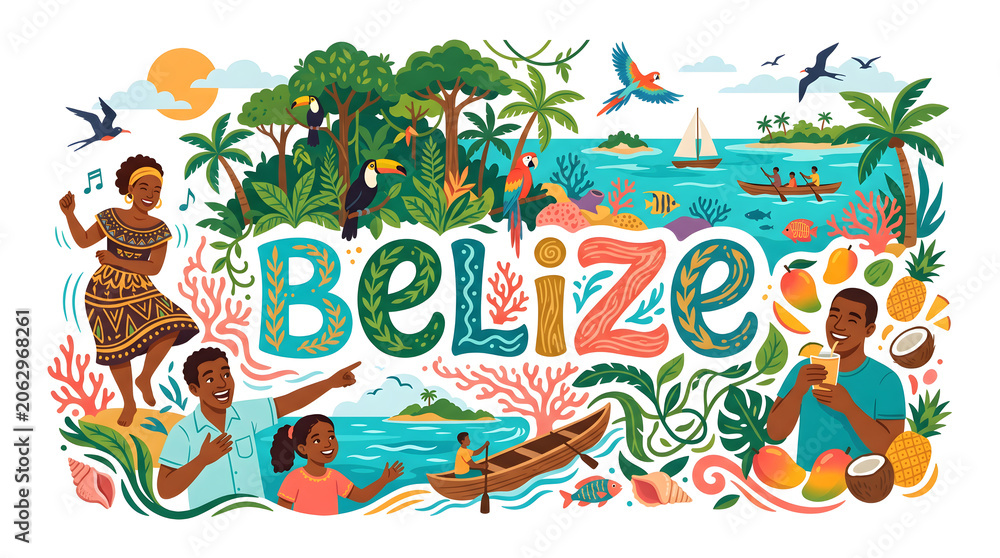 Naklejka premium Belize tropical travel vector illustration with family and ocean