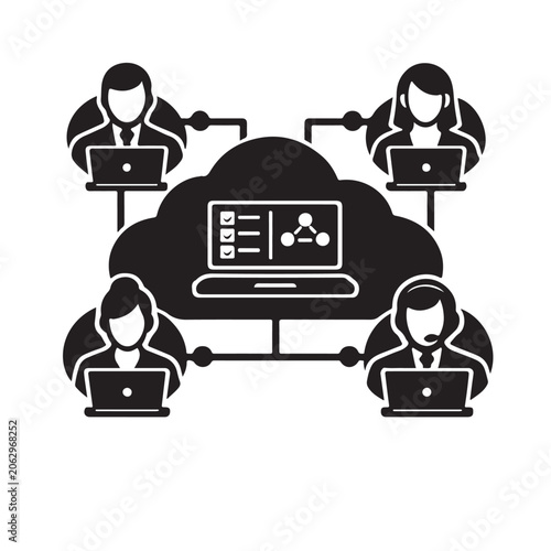 Business People Working Remotely On Laptops Connected To Cloud Computing For Team Collaboration Concepts