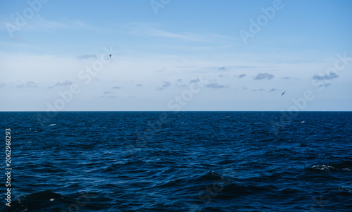 Photos An endless blue ocean fades into a distant misty land beneath a luminous sky dotted with soft clouds