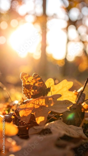 Autumn sun on fallen leaves with butterfly