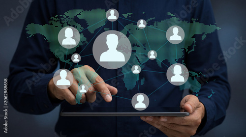 Offshoring and global remote work management. Cross border collaboration for international business teams. Businessman managing worldwide workforce network.