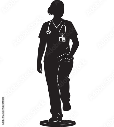 Female Nurse Silhouette Walking Confidently Isolated on White For Healthcare Concepts