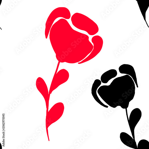 Poppy flowers seamless pattern vector minimalist style red and black on white background