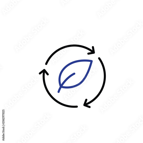 Circular Economy icon. A circular arrow with a leaf in the center. Digital, automation, technology. Outline design style.