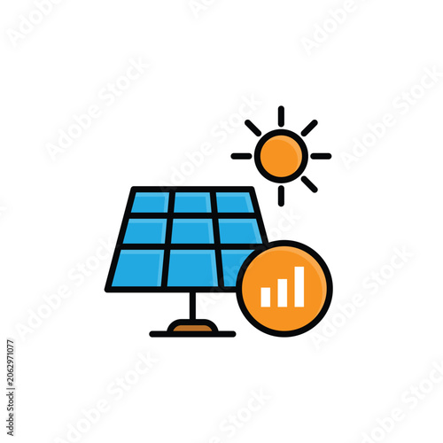 Solar Monitoring icon. Green technology. Solar panels with graphs. Digital, automation, technology. Isometric design style.