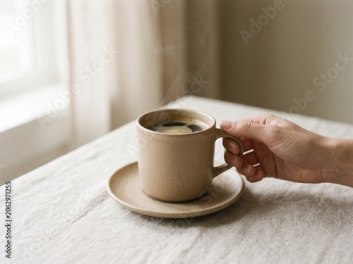 Фотография Hand holding ceramic coffee cup on neutral linen table by bright window in minim