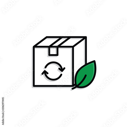 Sustainable Packaging icon. Box with recycling symbol and leaf. Sustainability, automation, technology. Mixed design style.