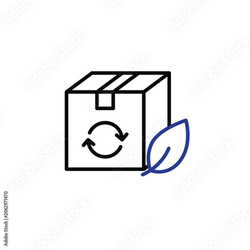 Sustainable Packaging icon. Box with recycling symbol and leaf. Sustainability, automation, technology. Outline design style.