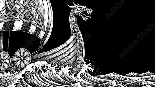 Viking ship with dragon head carving cutting waves.