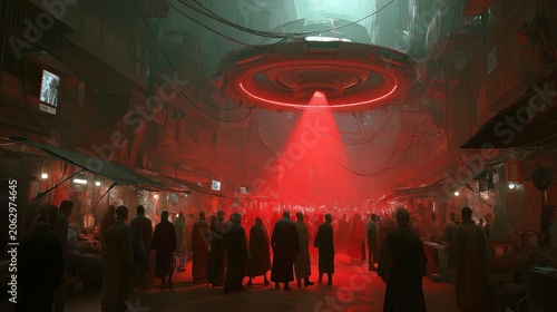 A large crowd gathers under a red spotlight in a dark, futuristic urban setting with hanging cables and towering buildings.