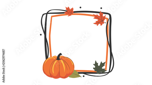 Hand Drawn Autumn Pumpkin Frame with Fall Leaves Harvest Border Vector Illustration