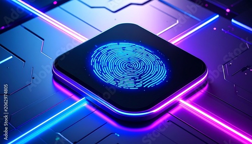 Futuristic microchip with glowing blue fingerprint, neon circuitry in purple and pink tones, metallic surface, symbolizing biometric security, encryption, and advanced digital technology design.