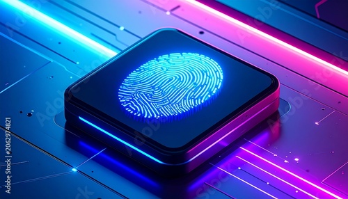Futuristic microchip with glowing blue fingerprint, neon circuitry in purple and pink tones, metallic surface, symbolizing biometric security, encryption, and advanced digital technology design.