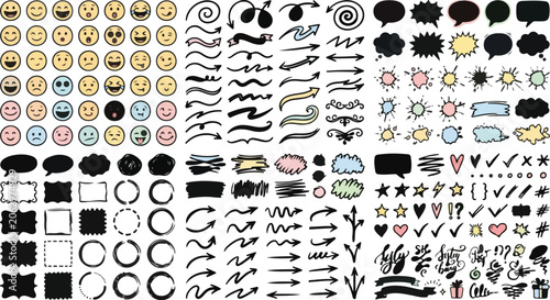 Quadro su tela Cute Cartoony Doodle Elements with Arrows and Emoticon Effects