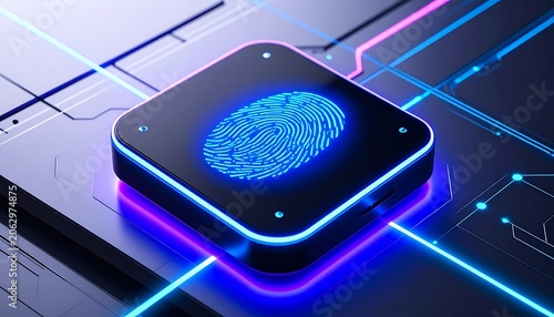 Futuristic microchip with glowing blue fingerprint, neon circuitry in purple and pink tones, metallic surface, symbolizing biometric security, encryption, and advanced digital technology design.