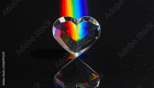 Transparent glass heart refracting rainbow light on dark surface, vivid color spectrum of red to violet, artistic representation of love, light dispersion, and optical beauty in minimal composition.