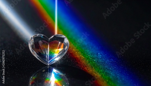 Transparent glass heart refracting rainbow light on dark surface, vivid color spectrum of red to violet, artistic representation of love, light dispersion, and optical beauty in minimal composition.