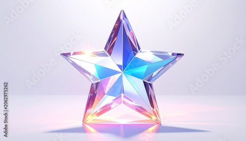 Five-pointed faceted crystal star refracting light into iridescent hues of blue, pink, and orange, placed on reflective surface under soft illumination, symbolizing brilliance and geometric beauty.